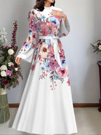 Elegant Long Sleeve Dress for Women, Middle Eastern Style Maxi Dress, Long Sleeve, Belted, Fabric, Machine Washable - Multicolor