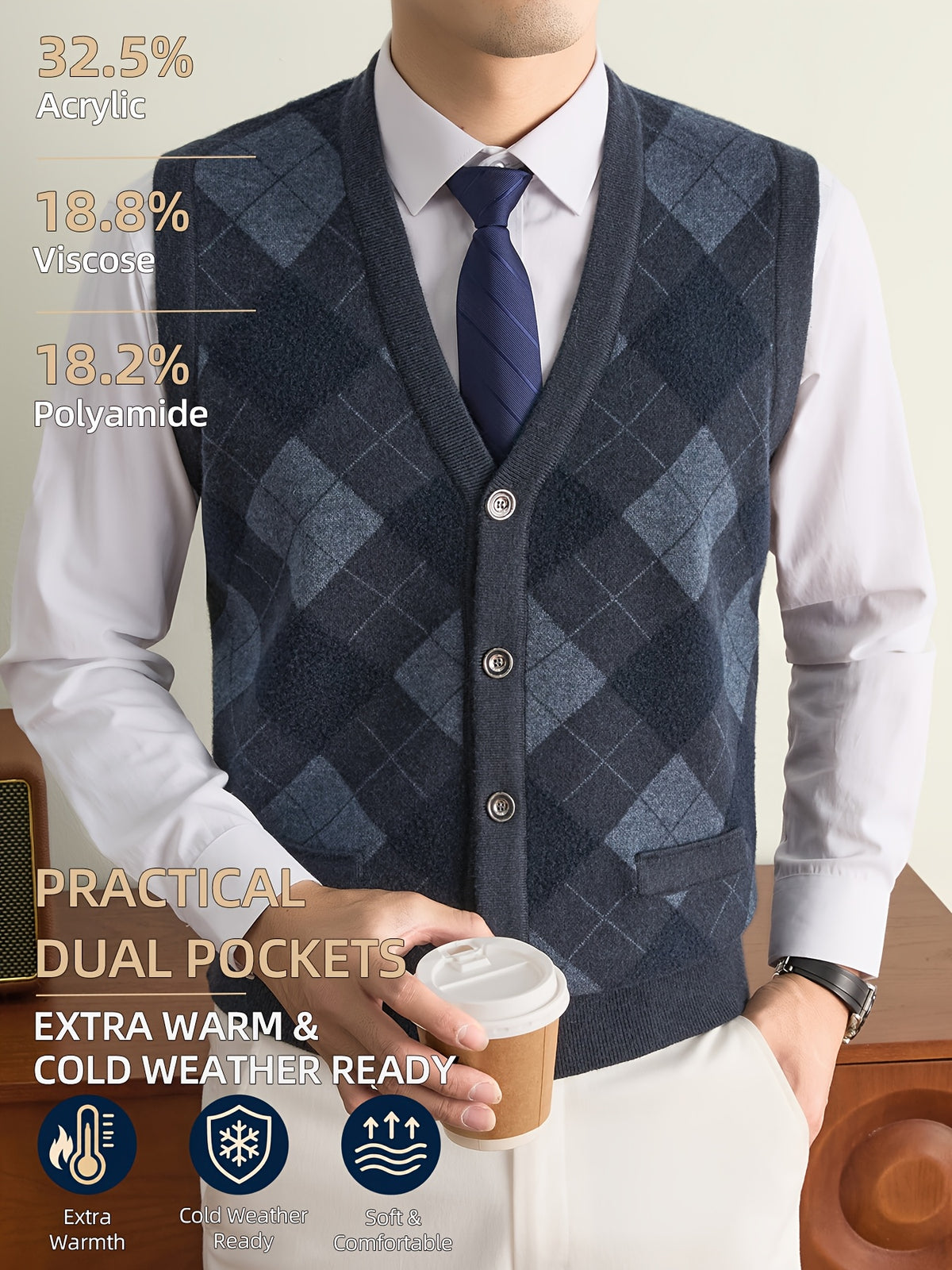 New Autumn/Winter Men's Knitted Vest with V-Neck, Tie Pockets, and Rhombus Pattern Design. Warm, Cold-Resistant, Soft, and Comfortable Sweater Vest. Simple, Elegant, and Versatile, Suitable for Daily, Business, Casual, and Camping Wear. The First - Dark Gray