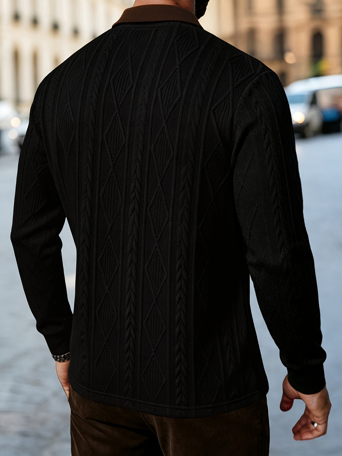 Men'S Fashion Long-Sleeve Polo Shirt, 3D Relief Golf Character Print, Foam Weight Craft, Contrast Color Reversible Design T-Shirt, Essential for Golf And Polo Wear, Breathable Warm And Skin-Friendly Comfort, Indoor Gatherings And Outdoor Sports - Black