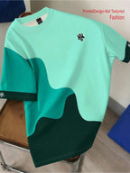 Printed Design - Non-Textured Men's Color-Block Crew Neck Casual Short-Sleeve T-Shirt, Men's Wave Patchwork Themed Short-Sleeve T-Shirt, Clean Crew Neck Cut, Fresh and Bright Overall Color Scheme, Highlighting a Youthful and Trendy Vibe - Mixed colors