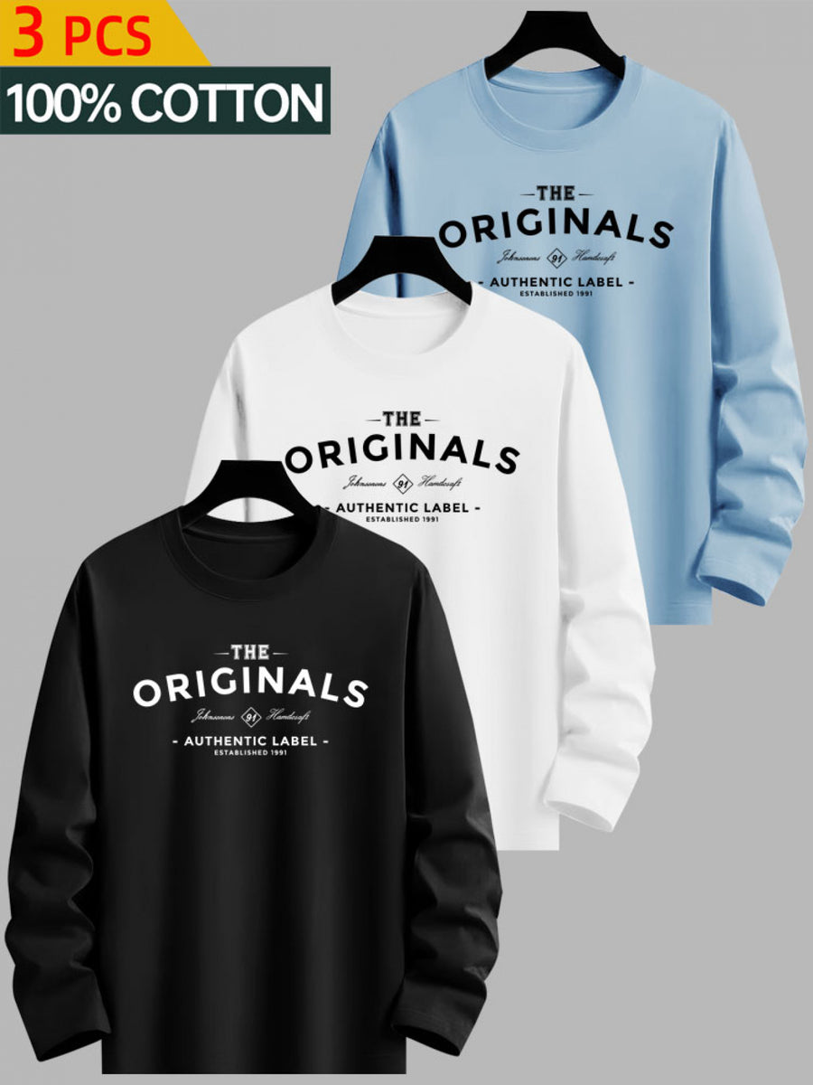 3pcs - 100% Cotton Men's Long Sleeve T-Shirts, Solid Color with Minimalist Print, Round Neck Base Layer Tops, Comfortable Pure Cotton Fabric, Suitable for Outdoor/Casual/Sports, Machine Washable - Combination Color 1