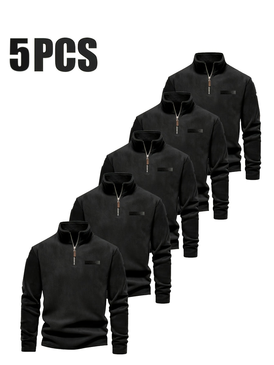 Men'S Winter Base Layer Outer Wear Comfortable Fleece Warm Stand-Up Collar Long Sleeve Sweatshirt 5pcs Set - Black+black+black+black+black