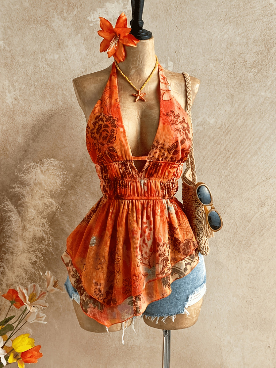 Women' Bohemian Halter Neck Vest Top - Tropical Backless Asymmetrical Hem Exposed Waist Style Suitable for Vacation, Festival Outfits, Beachwear, Spring Break Dates - Machine Washable Non- - Orange