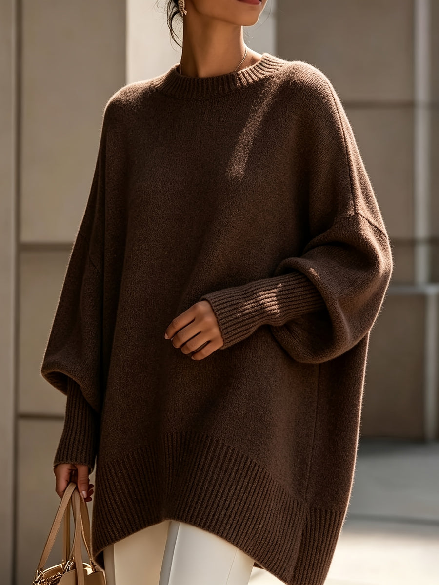 French-style Relaxed Silhouette Top, Irregular Slanted Hem Loose Lantern Sleeve Sweater, Gentle and Elegant Loose Fit That Is, Urban Casual Style - Coffee Color