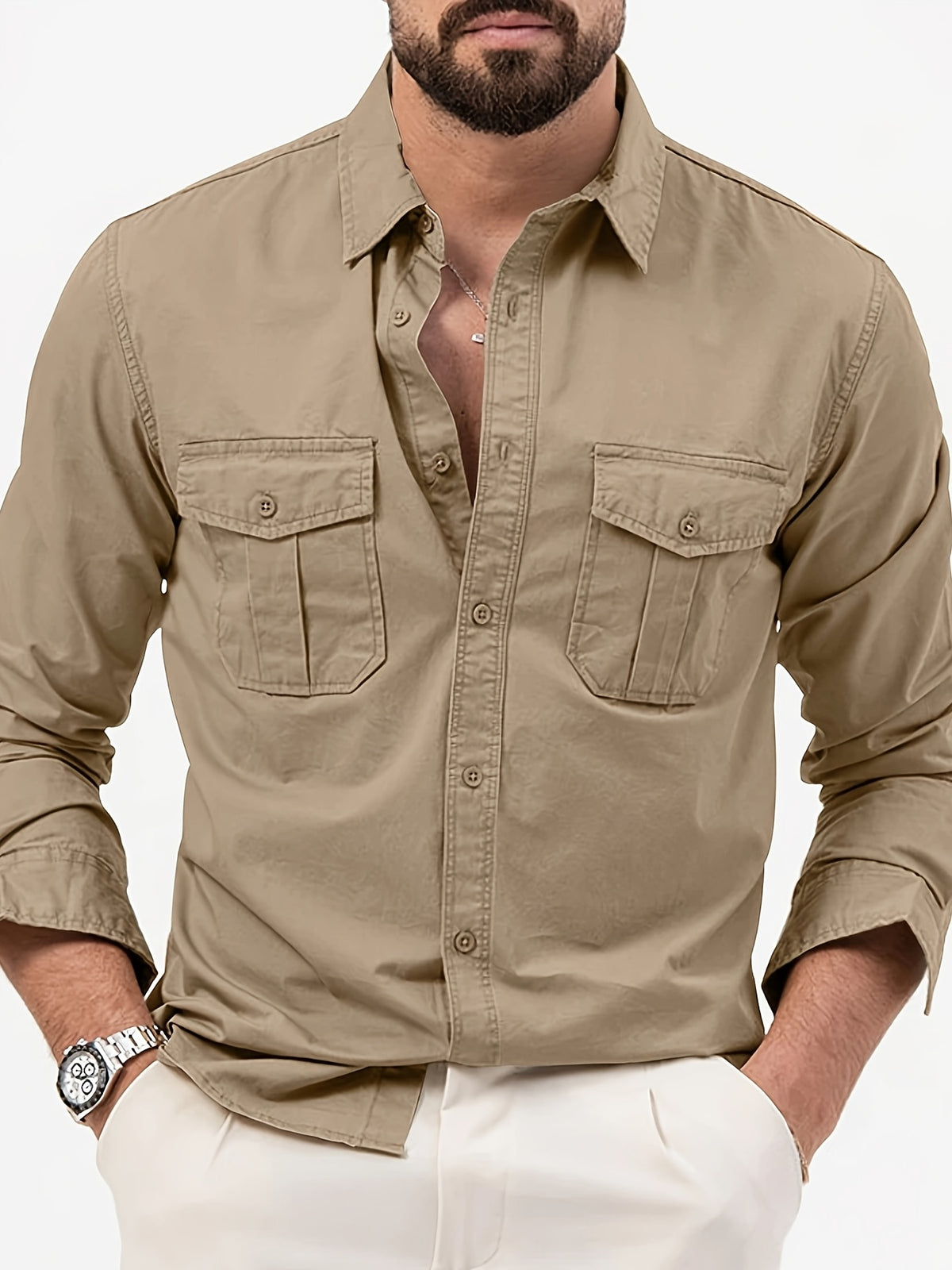 Men'S Multicolor Dress Shirt Multi-Pocket Casual Long Sleeve Top - Khaki