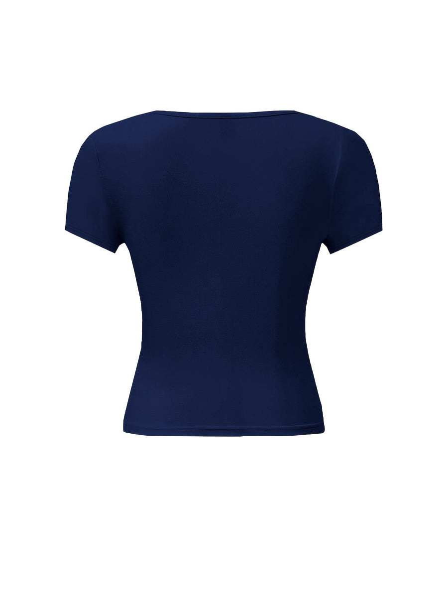 4pcs Set U-Neck Short-Sleeved T-Shirt Women'S Summer New Solid Color Slim Short All-Match Top - Navy + black + brown + white