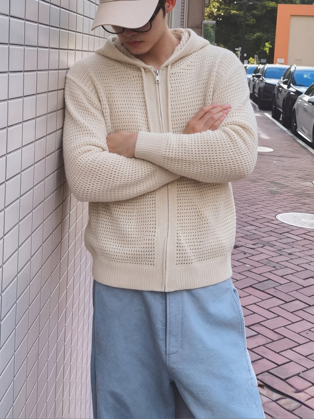 Spring And Autumn Men'S Knit Sweater, Hooded Round Neck Cardigan, Hollow Design, Casual Sporty Retro Style, Comfortable Soft Fabric, Men'S Sweater - Apricot