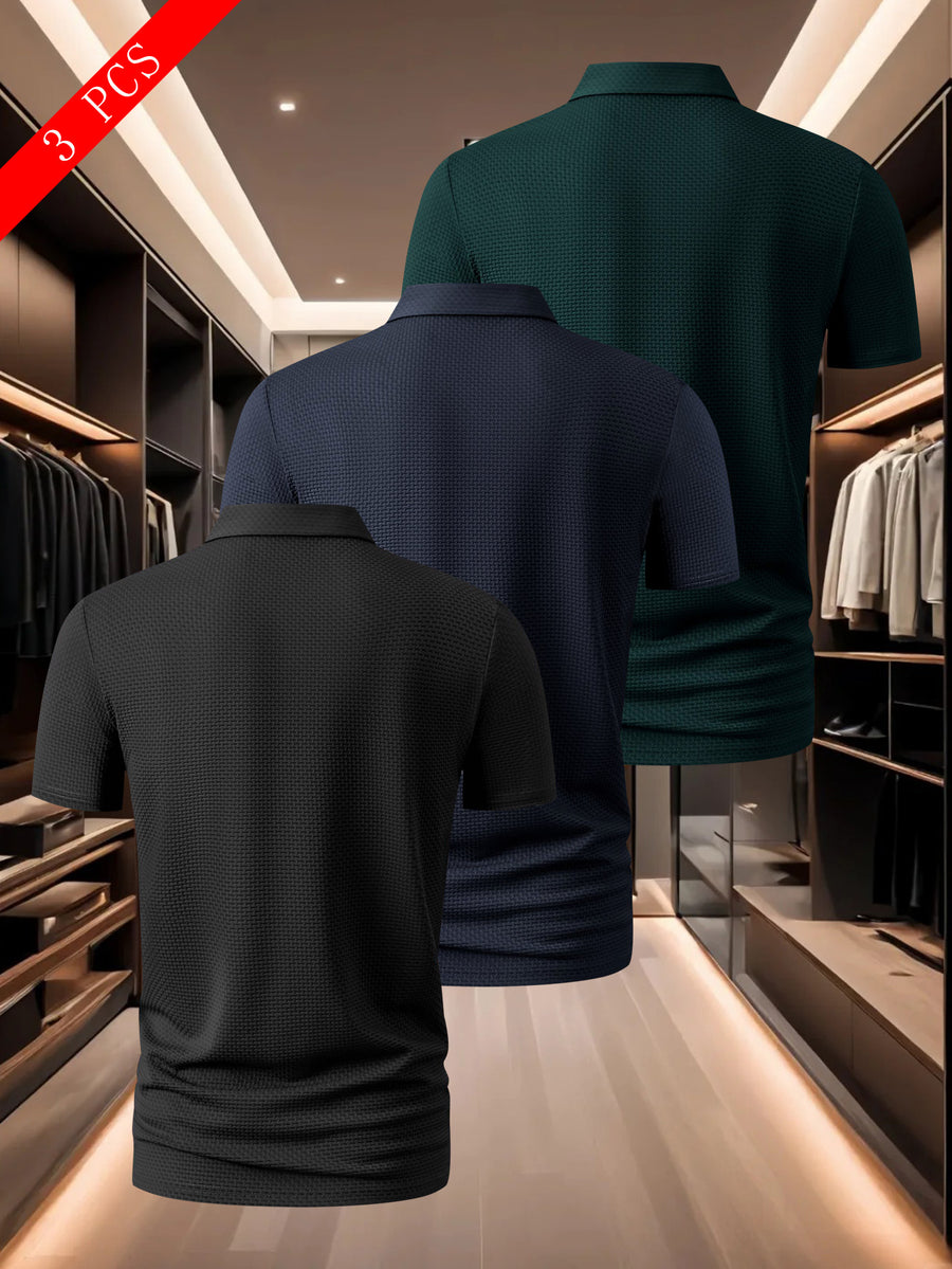 3pcs Men's Classic Polo Shirt Set, Casual and Comfortable Stretch Lapel Button- Short-sleeve Shirt, Suitable for Outdoor Sports and Leisure, Made of Breathable, Comfortable, and Elastic Fabric - Black+Navy Blue+Dark Green