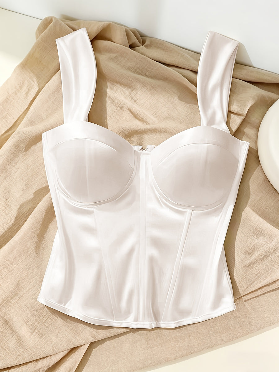 Summer Women's Elegant Bustier Top, Casual Satin Back Zipper Boned Slim Fit Camisole Top, Y2K Cute and Sexy Sleeveless Crop Top, New Vintage Luxury Body Shaping Corset, Women's Holiday Outfit, Suitable for Vacations, Parties, Weddings, Country Music - White