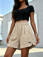 Women's Pure Shorts Featuring a High-waisted Elastic Design, a Loose Wide-leg Fit with Pockets, and a Solid Color; Perfect for Summer—loose and Breathable - Apricot