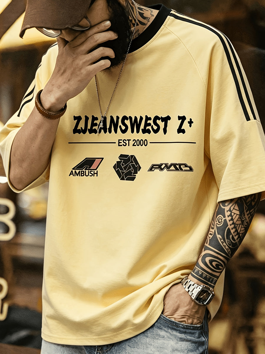Summer Men'S Striped Street Style T-Shirt Casual Hip-Hop Round Neck Men'S Retro with Print Color-Block Collar Top Athletic Striped Short Sleeve - Yellow