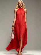 New Spring/Summer 2026 Small Round Neck Fashionable Split Versatile Women's Dress - Red