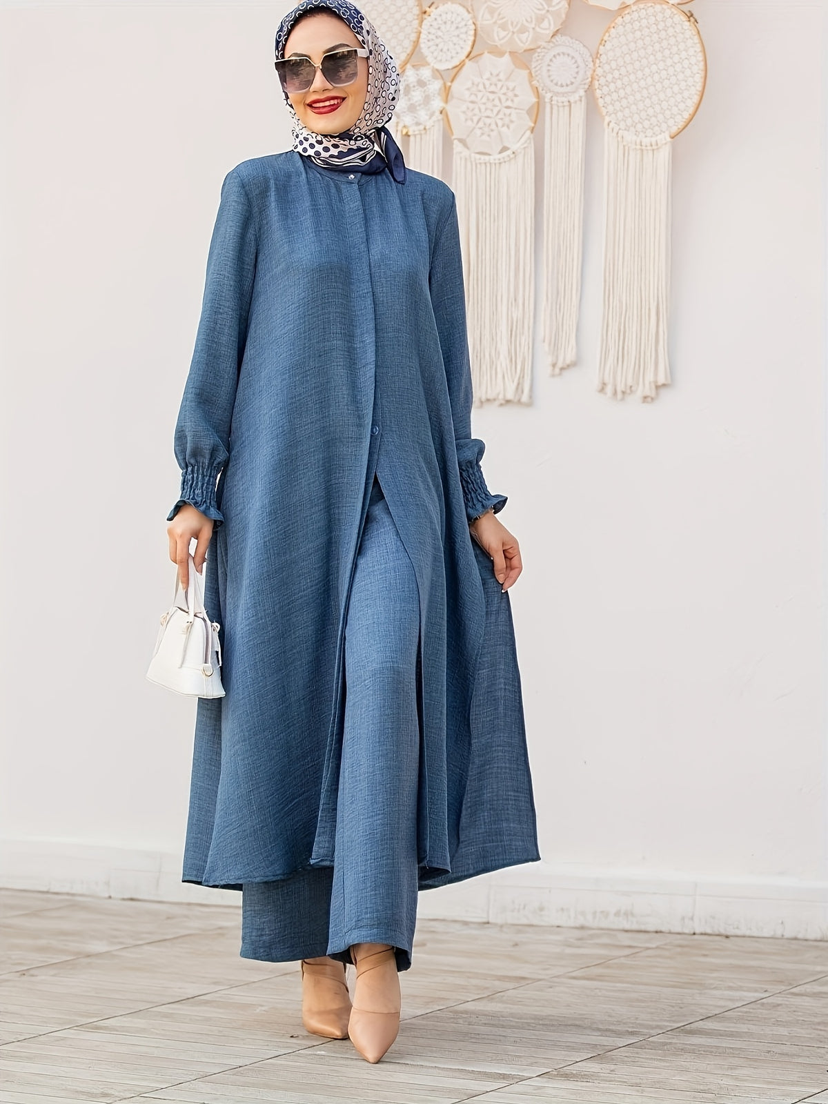 Elegant Pure Muslim Two-Piece Set for Ramadan in The Middle East - Stylish And Comfortable Design, Perfect for Everyday Wear And Home Relaxation (Without a Headscarf) - Cloud Water Blue