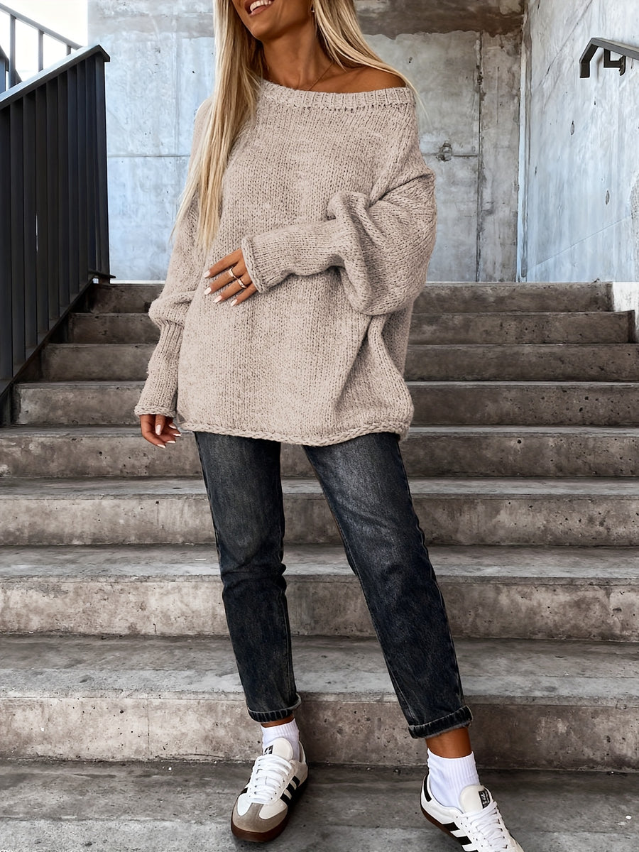 Women'S Fall Winter Casual Fashion Temperament Commute Versatile Easy Solid Color Large Round Neck Cross-Wear Sleeve Cuffed Design Loose Pullover Top - Apricot