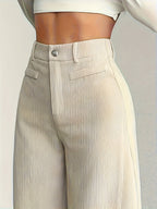 Women's High-Waisted Wide-Leg Corduroy Pants - Straight Leg Trousers with Corduroy Texture & Striped Suitable for All-Season Wear, Machine Washable Non-Stretch Corduroy Pants for Office, Casual, Everyday Outfits (No Transparency) - Apricot