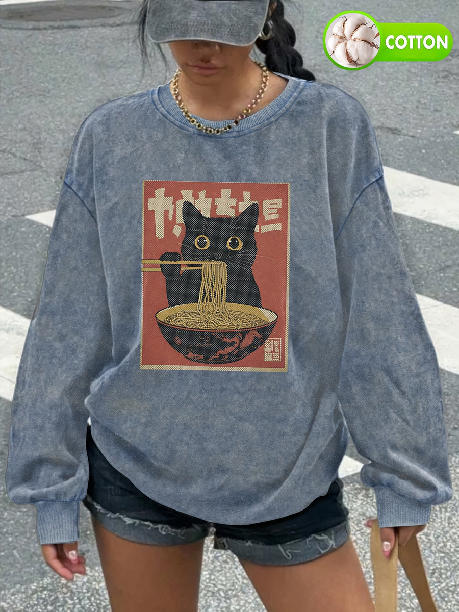 Cat Printed Casual Retro Women's Washed Round Neck Hoodie for Autumn and Winter - Blue