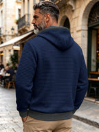 Autumn Winter Men'S Thick Jacquard Long Sleeve Cardigan Hooded Jacket Coat, Fashionable Checkered Jacquard Texture Fabric Comfortable, Suitable for Daily Outings, Outdoor Sports, Travel, And Vacation, Lightweight Comfortable Regular Fit - Navy Color