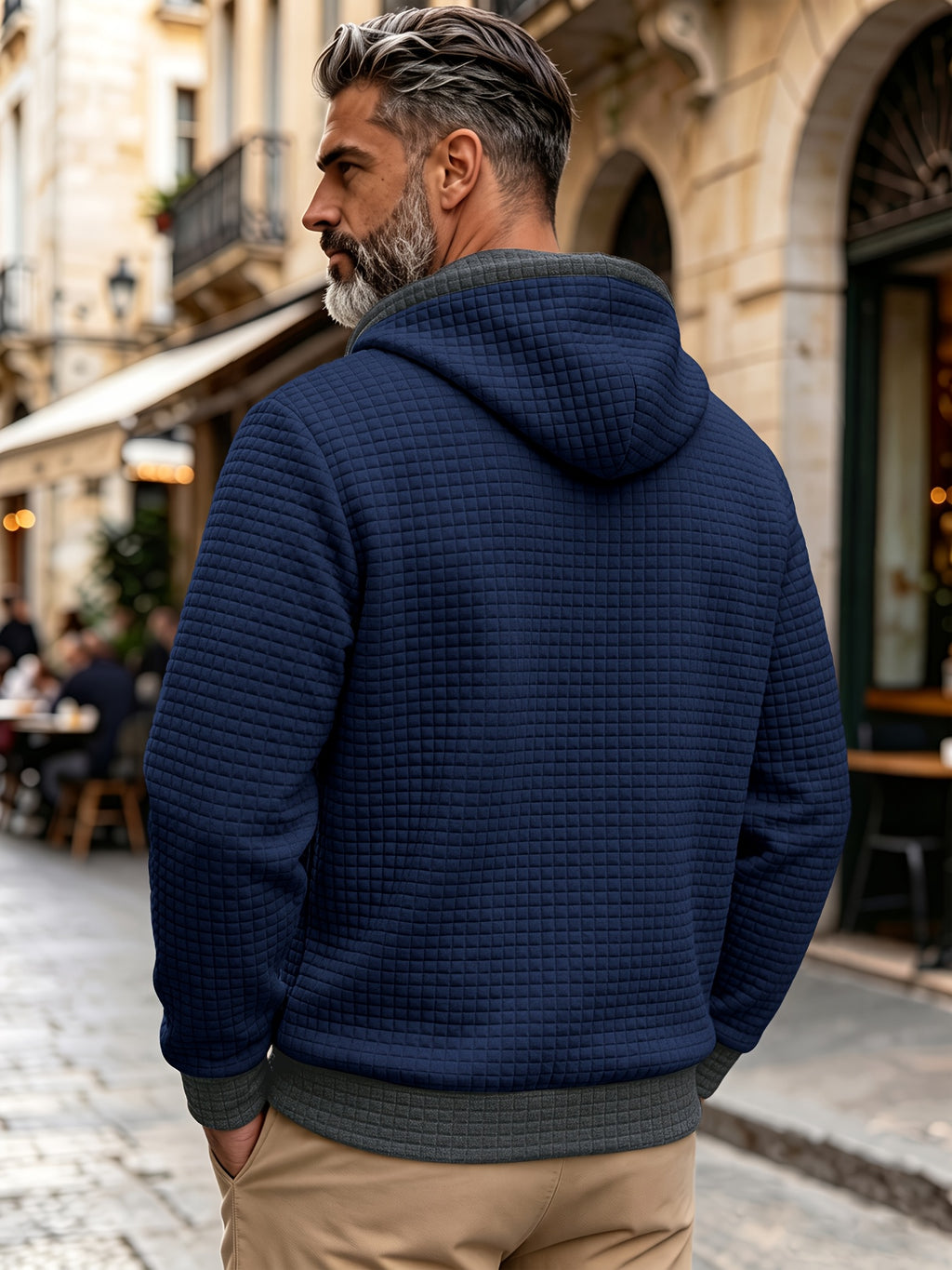 Autumn/Winter Men's Thickened Jacquard Long-Sleeve Hooded Cardigan Jacket, Fashionable Plaid Jacquard Textured Fabric, Comfortable Outerwear Suitable for Daily Outings, Outdoor Sports, Travel, and Vacations. Lightweight and Comfortable with a Regular - Navy Color