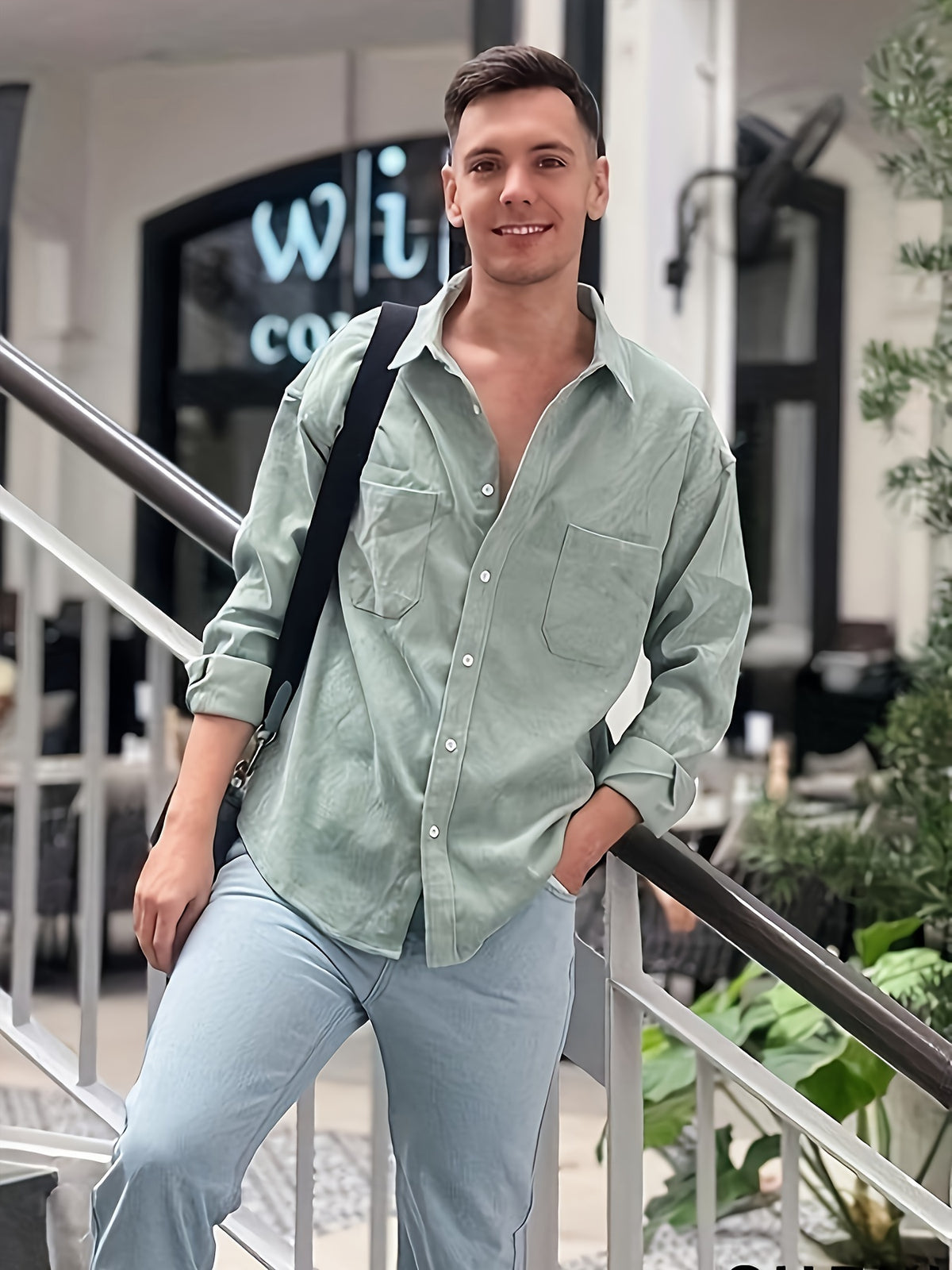 Men'S Double-Pocket Front-Button Shirt (T-Shirt Not Included) - Green