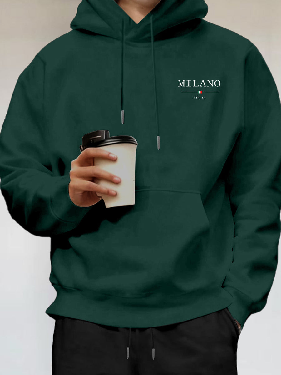 Simple and Stylish Milan Text Print Men's Hooded Sweatshirt for Daily Casual Outings and Commuting - Dark Green