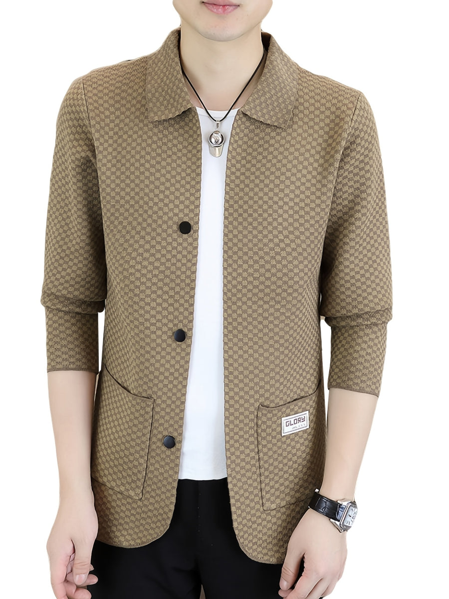 Du Jing Lan OBM Men's Autumn/Winter New Arrival Knitted Cardigan, Old Money Style Contrast Color Lapel Pocket Open Front Single-Breasted Knit Cardigan, Men's Business Casual Fashion Open Front Knit Cardigan Top, Contrast Color Checkered Design - Khaki