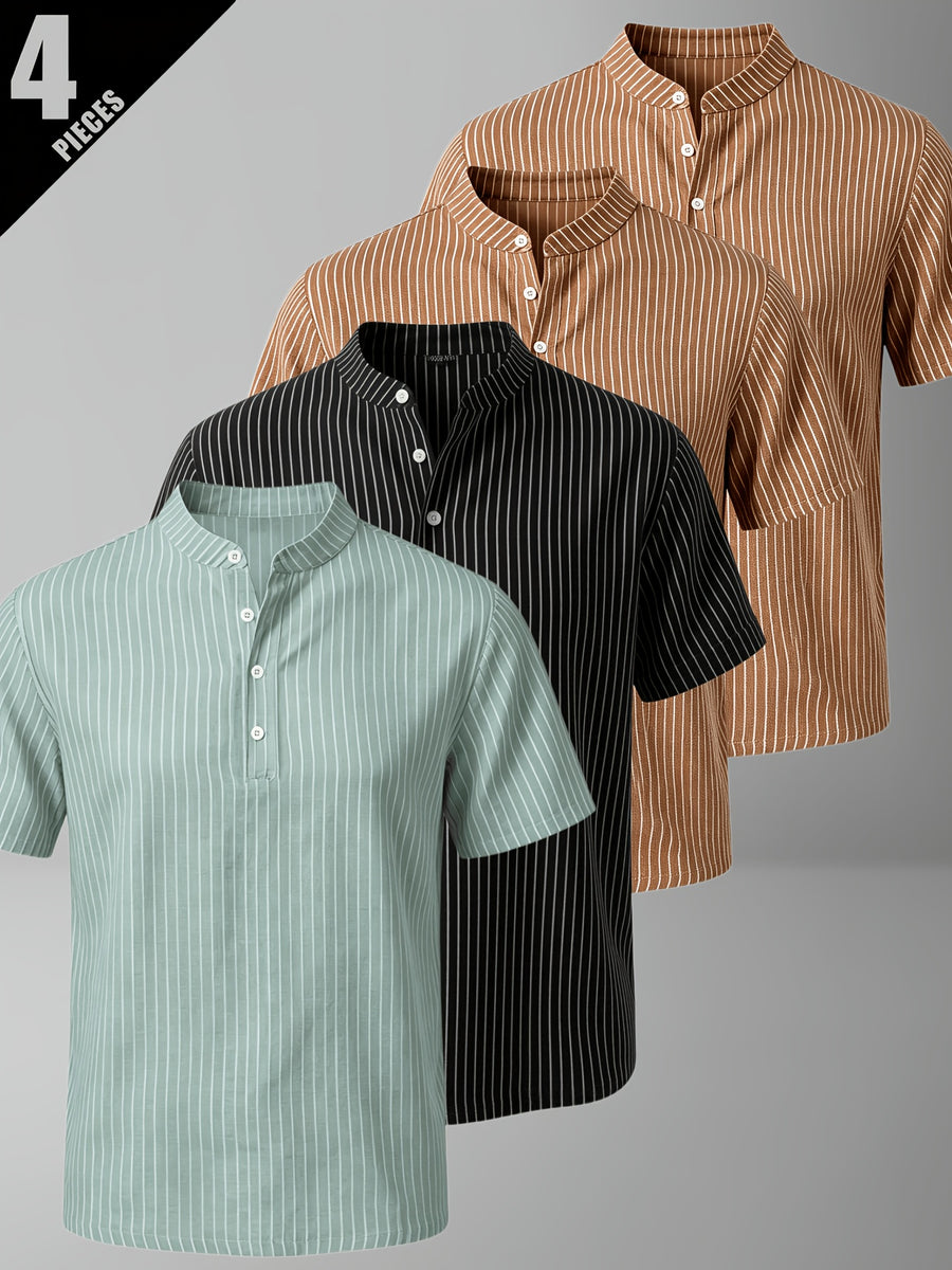 4pcs Men'S Casual Striped Linen Blend Henley Shirts, Breathable Short Sleeve Summer Tops, Suitable for Daily, Beach, And Vacation - Mixed Colors 20