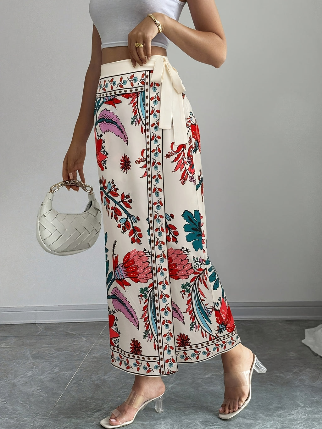 Women's Elegant Floral Print Wrap Tie Straight Skirt, Vacation Style - Mixed colors