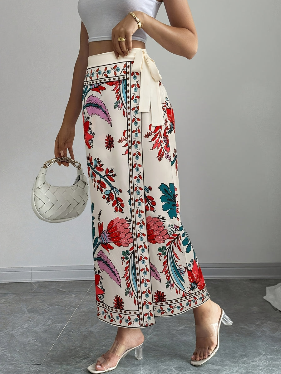 Women's Elegant Floral Print Wrap Tie Straight Skirt, Vacation Style - Mixed colors