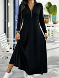 Plus Size, Plus Size Elegant Lapel Collar Zipper Dress - Full-Length -Line Maxi Dress with -Free, Machine Washable Winter Dress Suitable for, Weddings, Formal Events, Solid Color Long Sleeve Outfits - Black