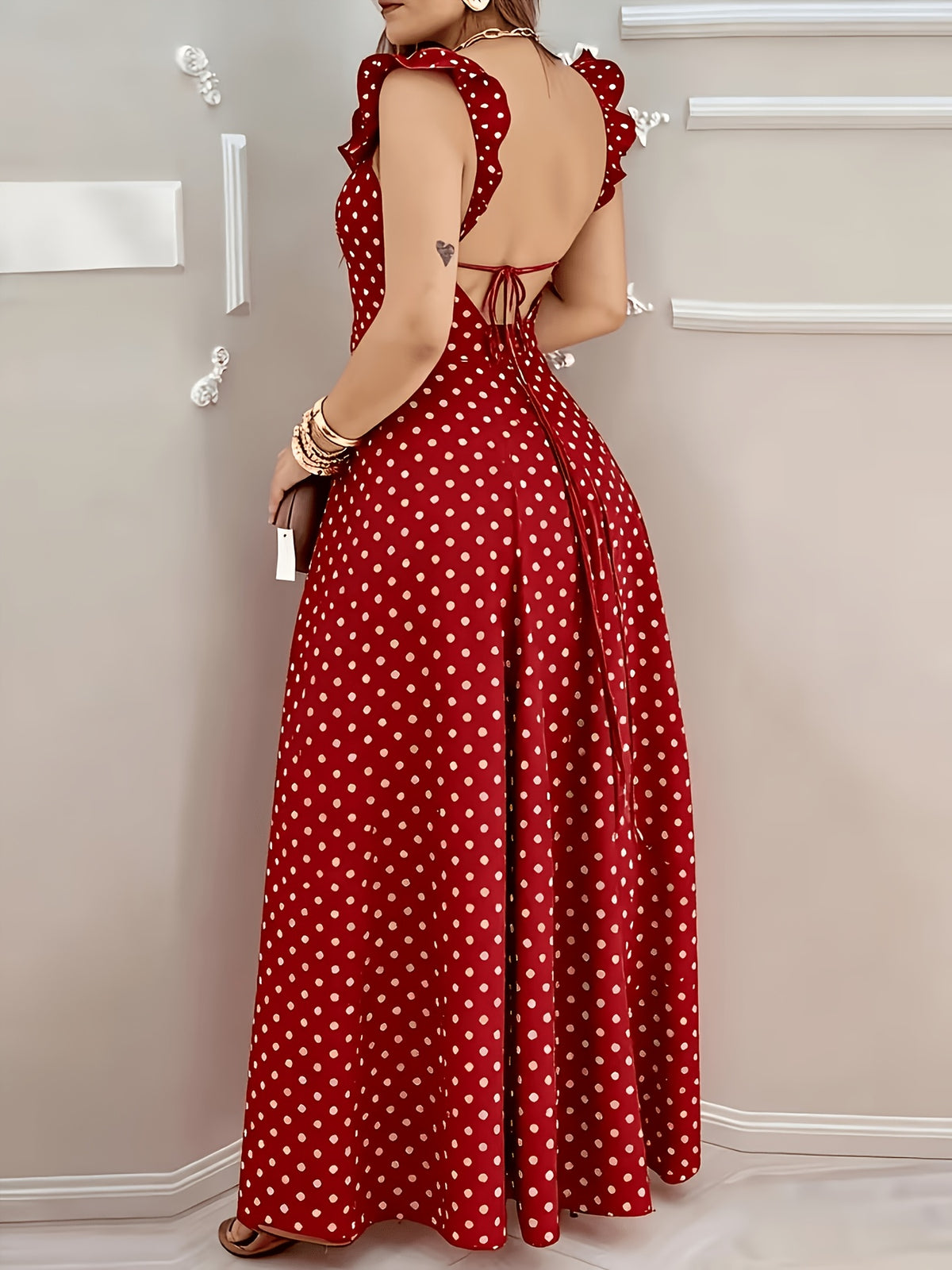 Plus Size - Plus Size - Plus Size Elegant Red Polka Dot Dress for Women - Red