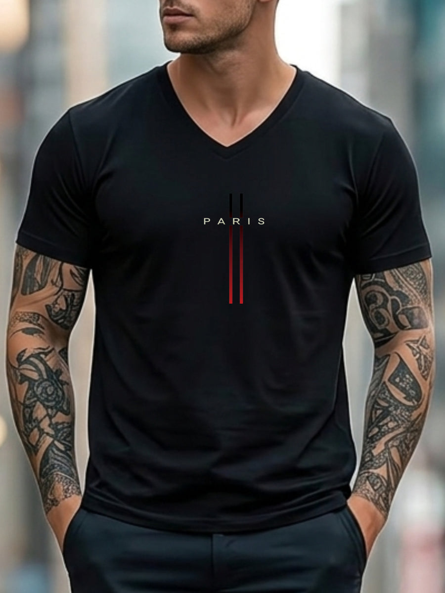 Casual Minimalist Men's T-Shirt Paris Text And Lines Design Summer And Spring Wear for Himself Or Friend - Black