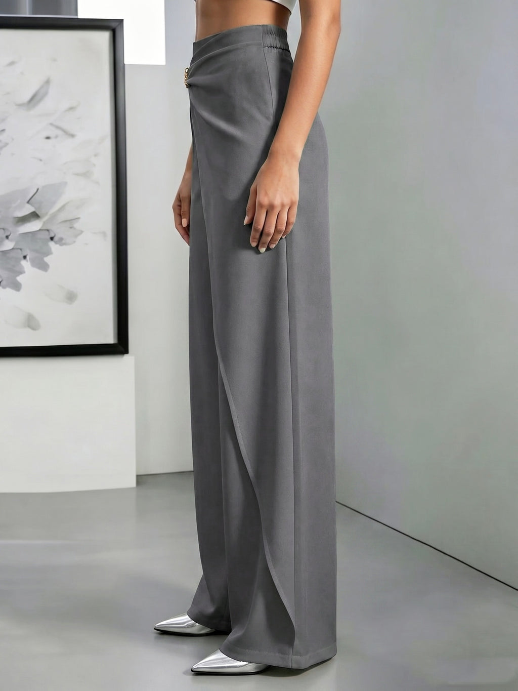 High-Waisted Draped Wide-Leg Pants for Women, Designer Twist Knot Metal Buckle, Elegant Commuter Advanced Feel Long Pants - Grey