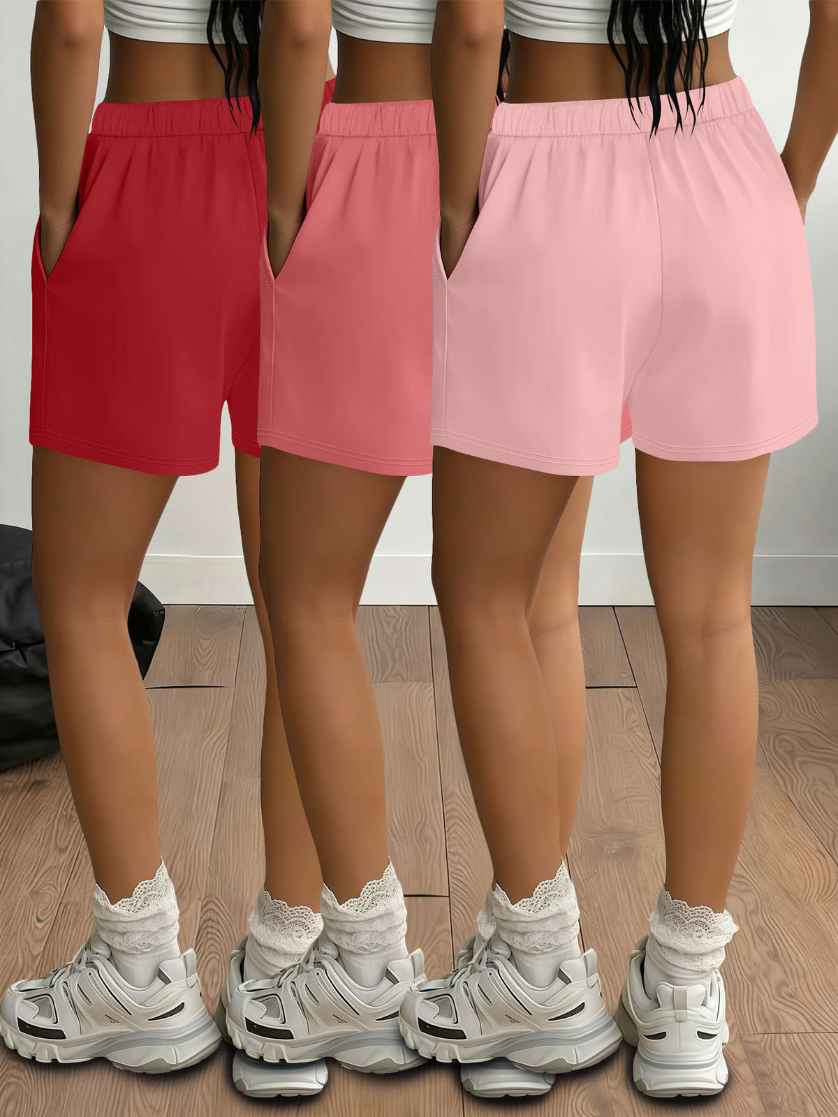 2026 Spring/Summer New Arrival Women's Bottomwear Fashion Black & White Striped Print Leg-Length Enhancing Casual Loungewear Light Y  Streetwear Elastic Waist Two-Side Pocket Shorts 3pcs Set - Red + Rose + Pink