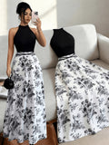 ASD1 Women's New Summer French-Style Patchwork Sleeveless Dress, Unique Design Printed Backless Color-Block Slim Fit Belted Dress - Black