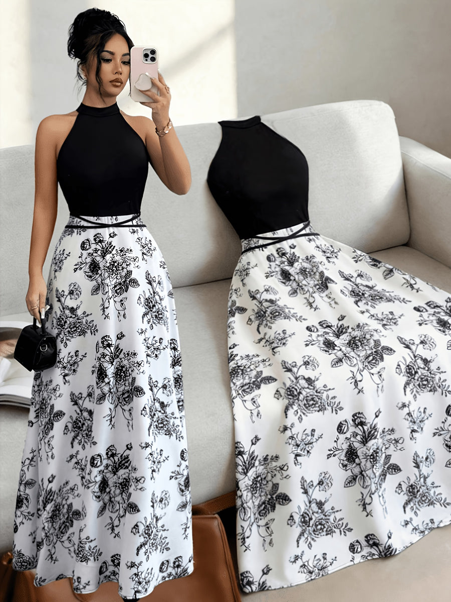 ASD1 Women's New Summer French-Style Patchwork Sleeveless Dress, Unique Design Printed Backless Color-Block Slim Fit Belted Dress - Black