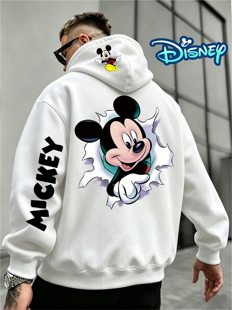 Disney, Fashionable and Trendy Multi-color Hoodie with a Ripped Paper Peek-a-boo Wink Mickey Mouse Pattern Print, Autumn and Winter Men's Loose Long-sleeved Hoodie, First Choice for Couples - White