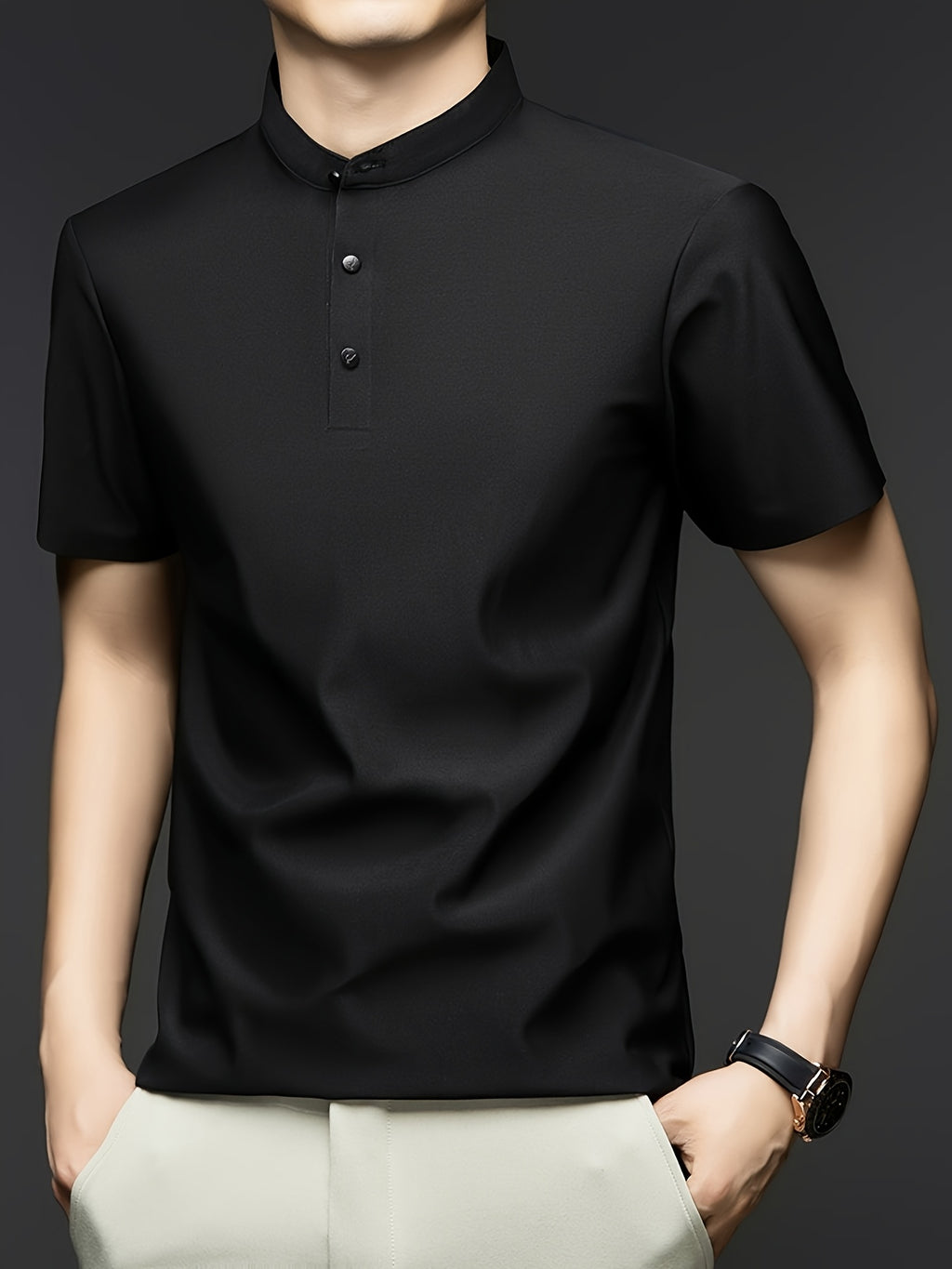 Summer Short-Sleeve T-Shirt for Men, Featuring a Solid Color, Breathable Fabric, And a Small Stand-Up Collar - Black