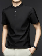 Summer Short-Sleeve T-Shirt for Men, Featuring a Solid Color, Breathable Fabric, And a Small Stand-Up Collar - Black