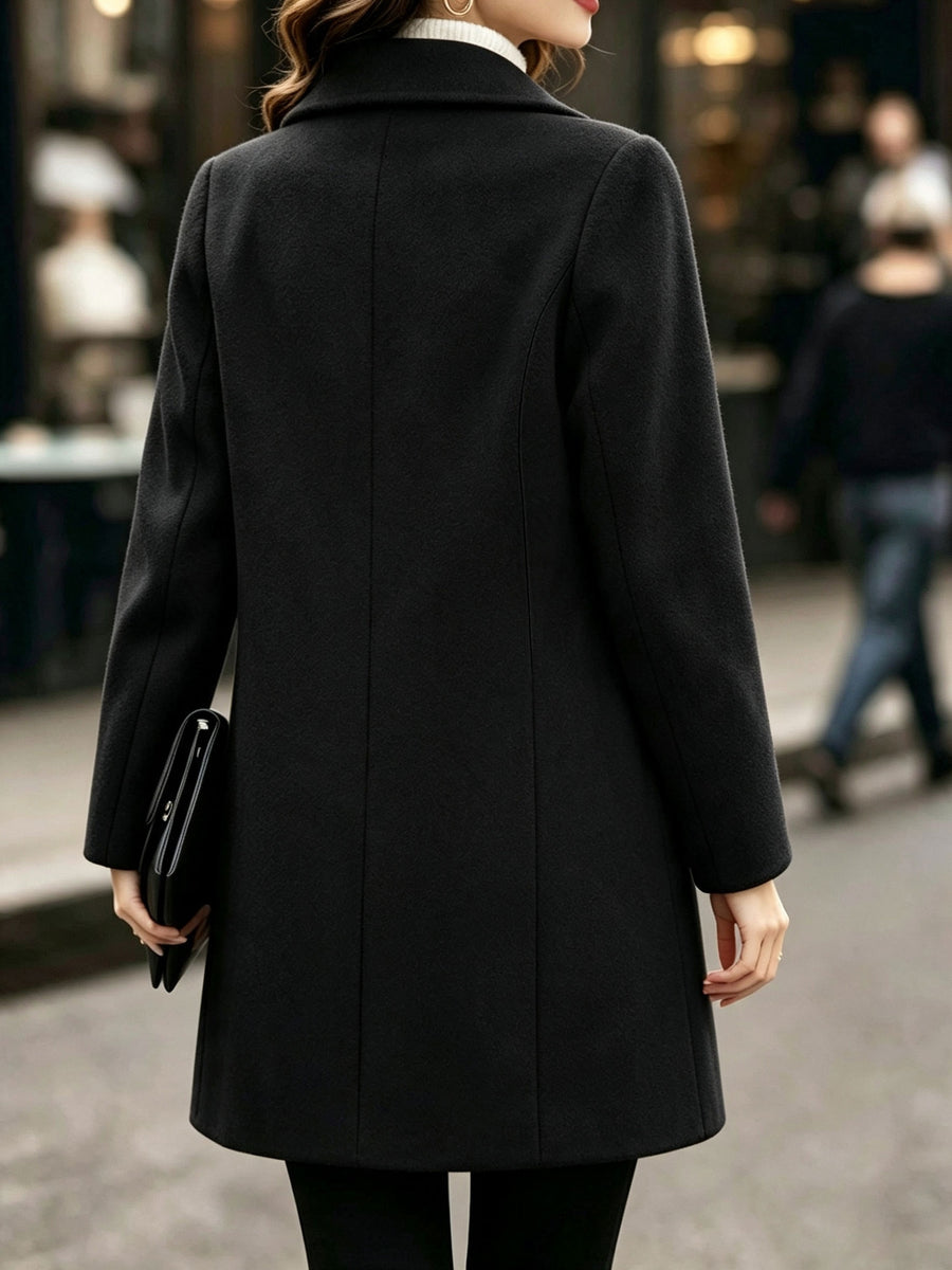 Women'S Spring Autumn Single Button Faux Wool Coat Solid Color Lapel Mid-Length Dress Coat - Black
