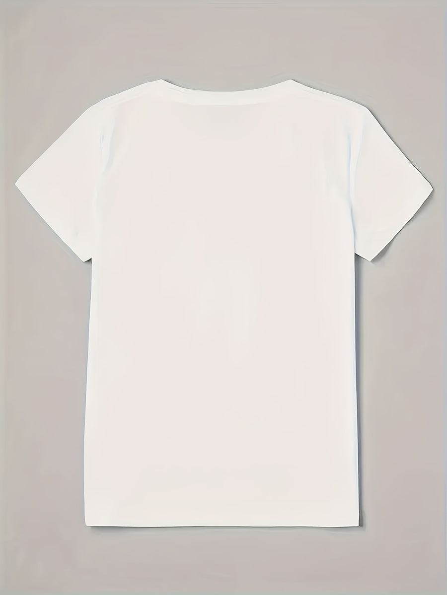 Women's Short Sleeve T-Shirt, Fashionable Book Stacking Bow Pattern Print, Soft Polyester Blend Fabric, Round Neck Casual Spring/Summer Top - White