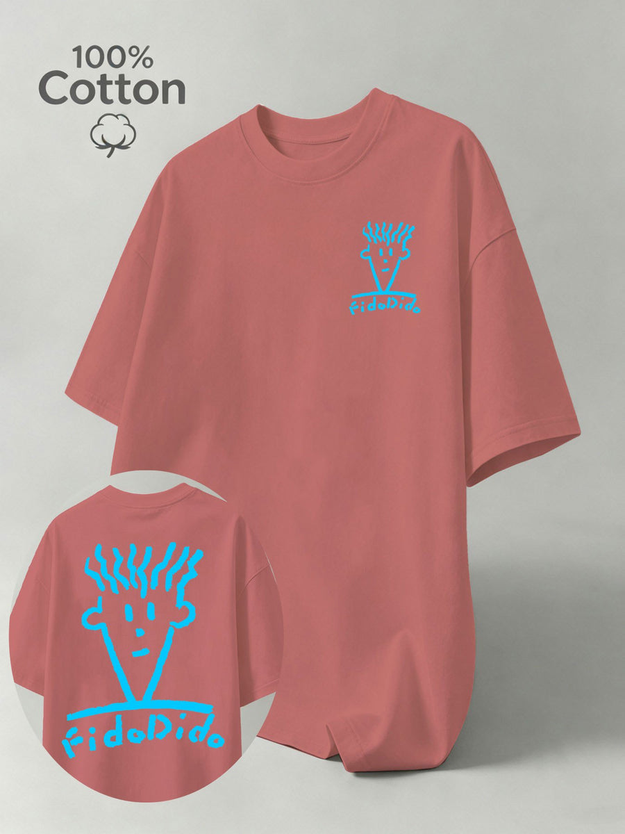 Summer Pure Cotton FidoDido Casual Doodle Graffiti Style Print Men's Short-Sleeve T-Shirt, Moisture-Wicking and Sweat-Absorbent, Comfortable for Casual Wear, Street Style, Outdoor Sports, and Fitness - Watermelon Red