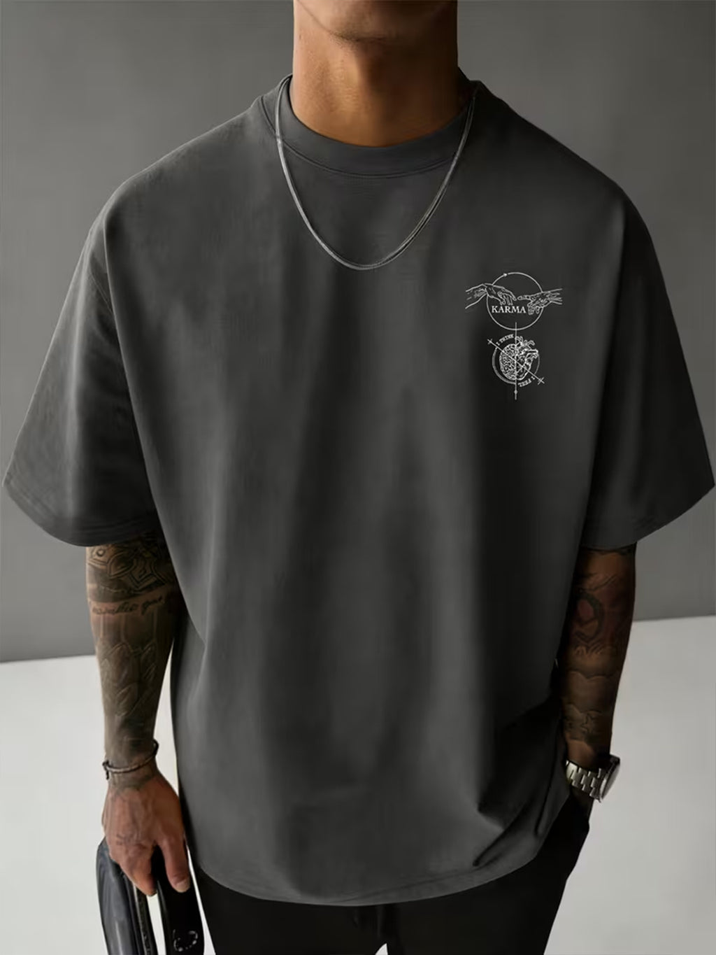 Causal Reincarnation Brain Heart Hand-Drawn Men'S Pure T-Shirt, Front And Back Double-Sided Genesis Hand, Half-Brain Heart Line English Print with Niche Dark Art Atmosphere, 100% Fabric Breathable And Skin-Friendly - Dark Gray