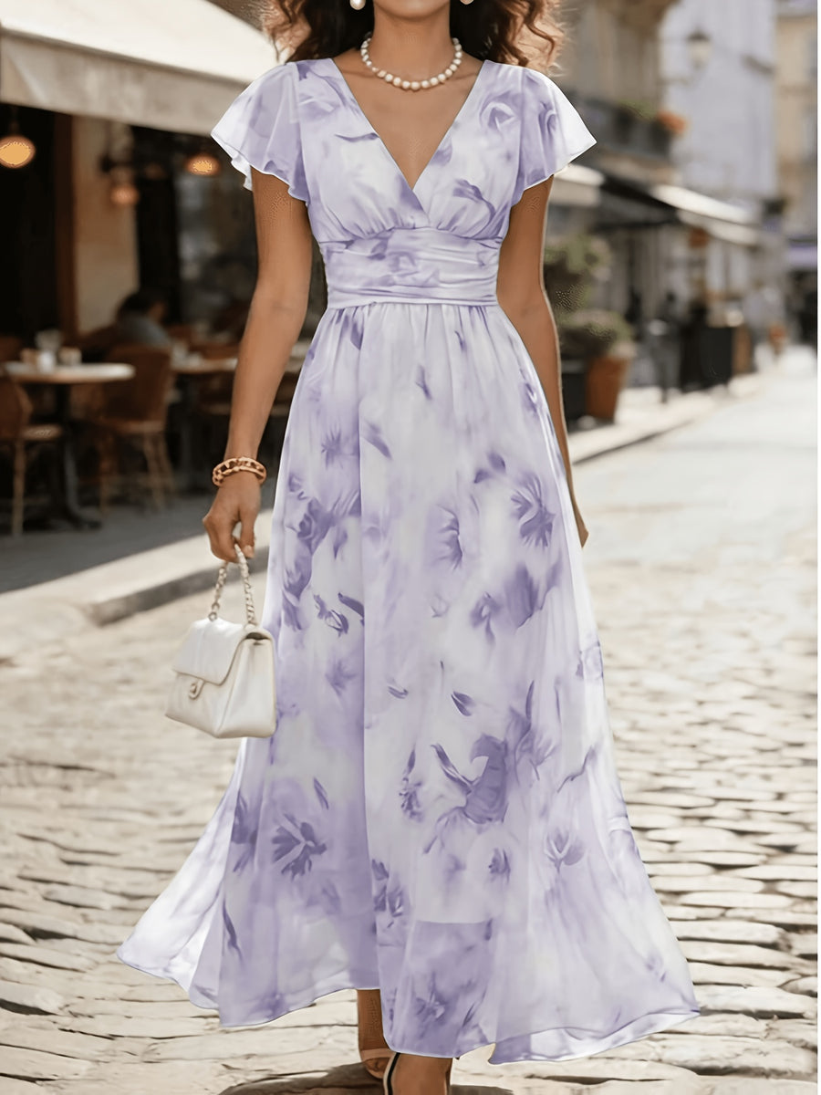 Women's Elegant V-Neck Floral Print Maxi Dress with Ruffle Sleeves, Casual Waist, for Leisure and Vacation, ZLLZ - Lavender
