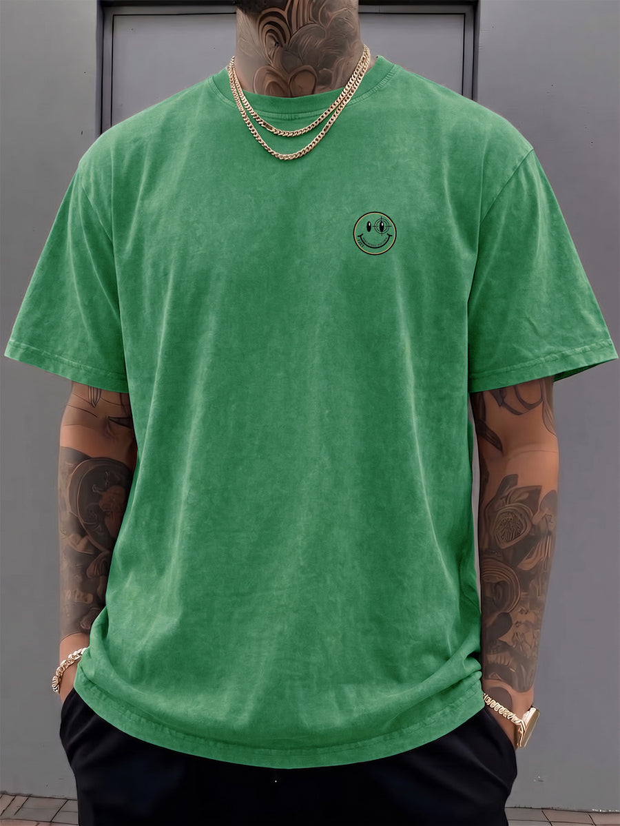 Short-sleeve T-shirt, Half-sleeve Top with a Small Joyful Face and Simple Circular Logo Print on the Chest, Trendy Print Available in 12 Colors for Mix-and-match. Made of Pure Cotton with a Washed and Distressed Effect, Featuring a Loose Fit. - Green