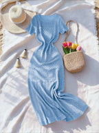Women's Vacation Beach Bohemian Style Openwork Dress Cover-Up - Blue