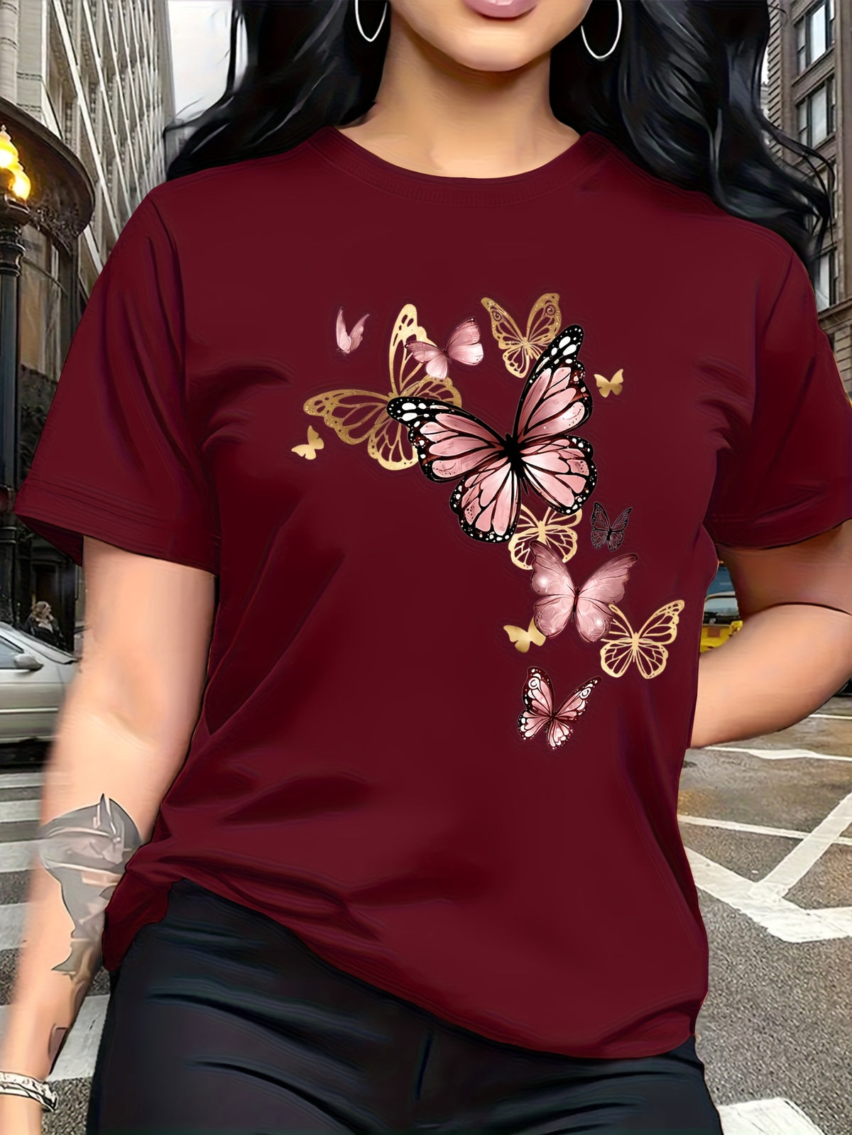 Watercolor Style Butterfly Pattern Print, Fashion Breathable T-Shirt, Family Travel, Campus, Casual, Daily Commute, Sisters' Matching Outfit, Versatile T-Shirt - Red