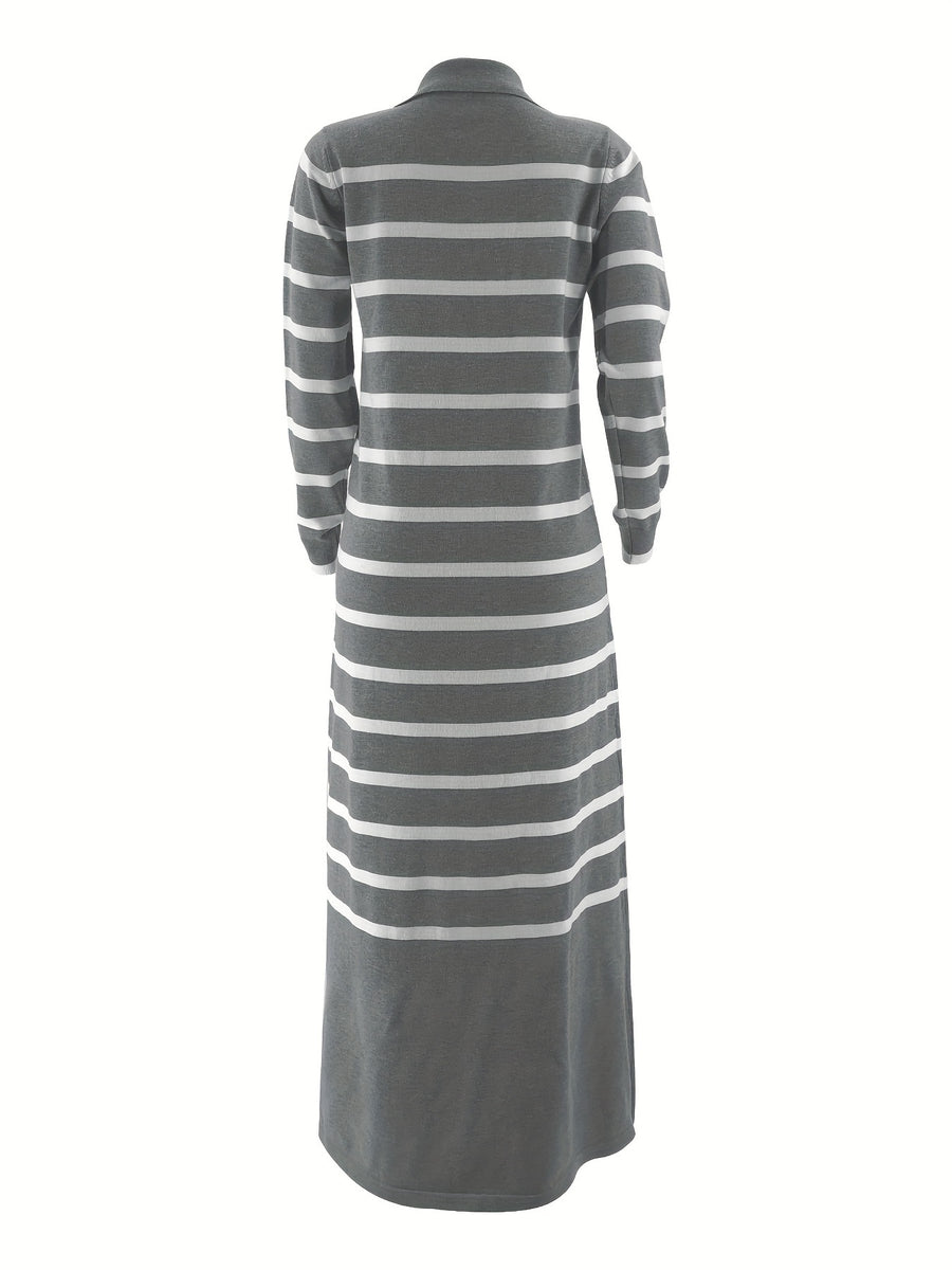 Ladies Middle Eastern Muslim Striped Dress - Grey