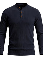 1pc Men's Casual Jacquard Henley Shirt, Autumn/Winter Stretchy Striped Jacquard Textured Fabric Long-Sleeve Polo Shirt, Outdoor Sports Versatile Base Layer Top - Navy Color