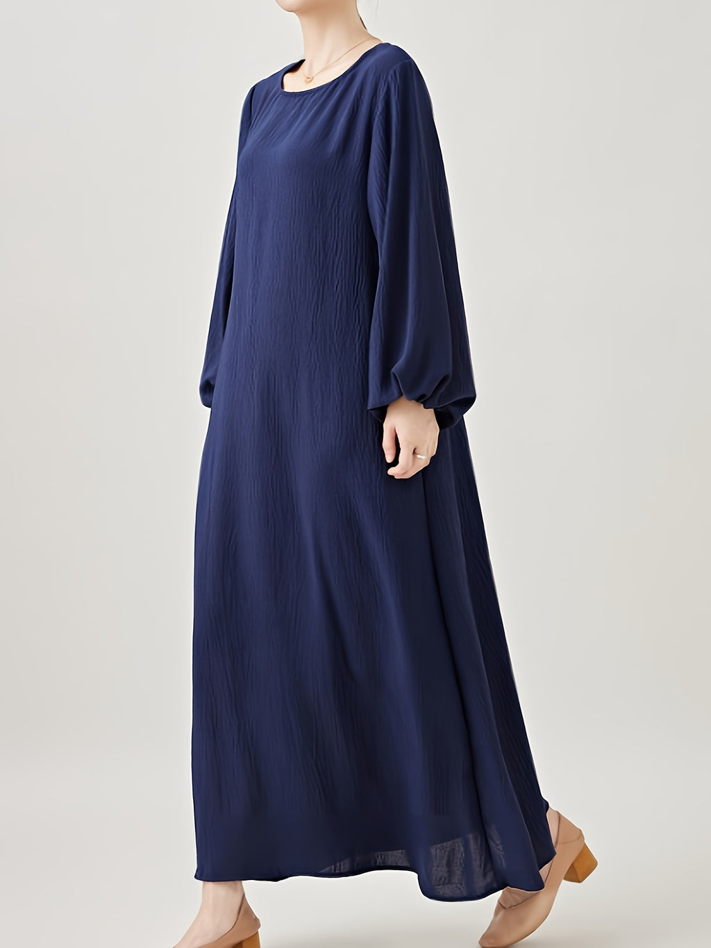 Comfortable & Casual Solid Color Muslim Dress with Bubble Pleats, Elastic Cuffs, and Flowy Hem - Polyester, Machine Washable - Navy Color