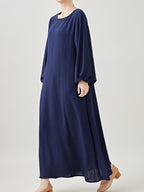 Comfortable & Casual Solid Color Muslim Dress with Bubble Pleats, Elastic Cuffs, and Flowy Hem - Polyester, Machine Washable - Navy Color